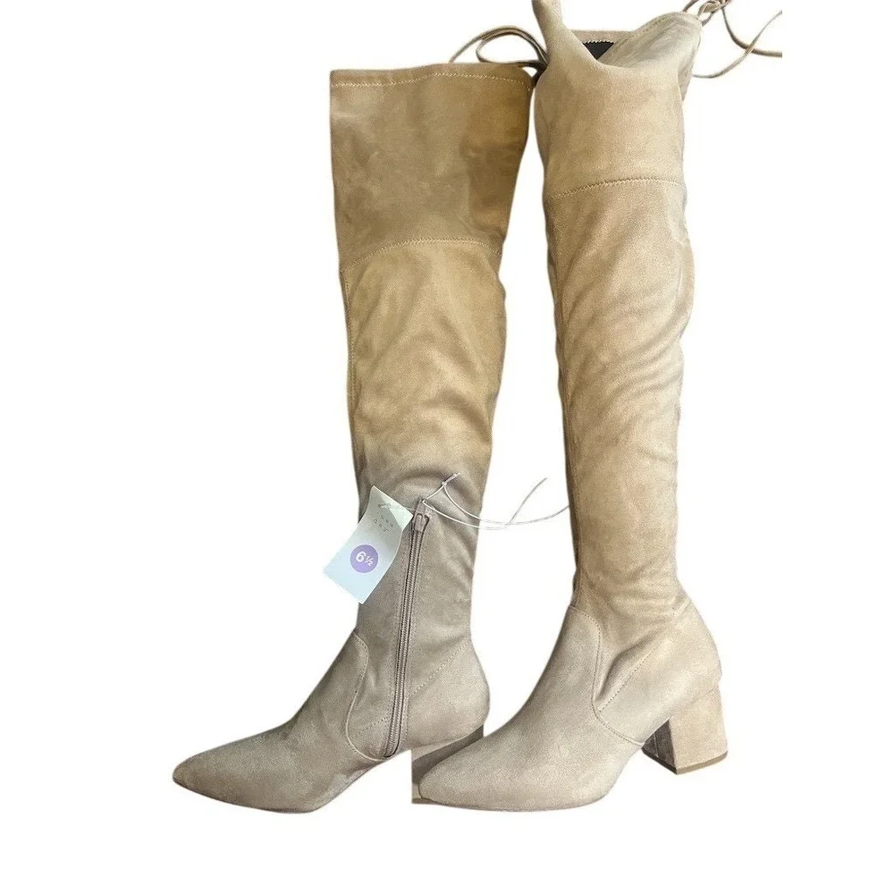 A New Day Greta Women's Over the Knee‎ Boots Beige Pointed Toe Side Zip